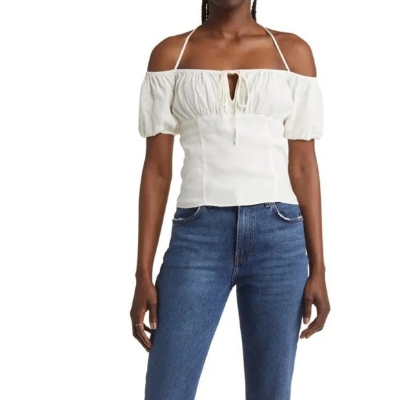 Reformation  Puff Sleeve Smocked Blouse Top in Cream Size 10 - Picture 2 of 15